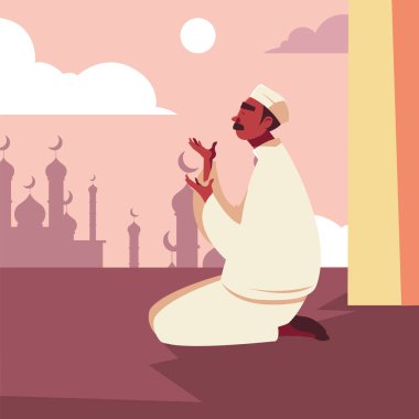Müslüman adam camide namaz kılıyor, Ramazan Kareem.