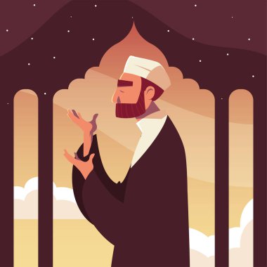 Müslüman adam camide namaz kılıyor, Ramazan Kareem.