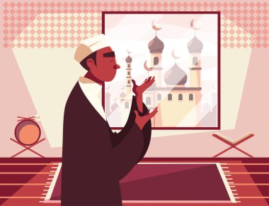 Müslüman adam camide namaz kılıyor, Ramazan Kareem.