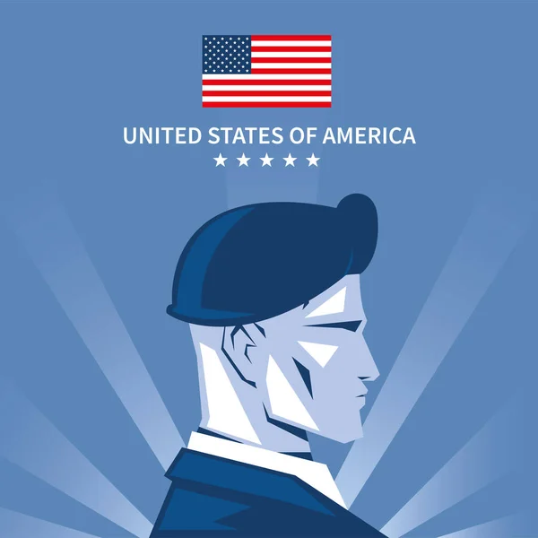 Póster con soldado americano en uniforme, día conmemorativo — Vector de stock