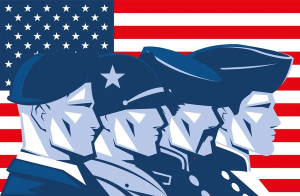 Tarjeta con caras de soldados americanos, día conmemorativo — Vector de stock