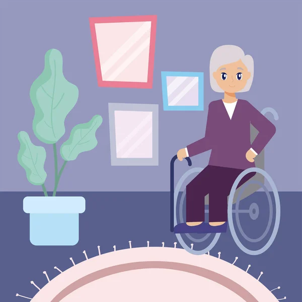 Soins aux personnes âgées, vieille femme en fauteuil roulant — Image vectorielle