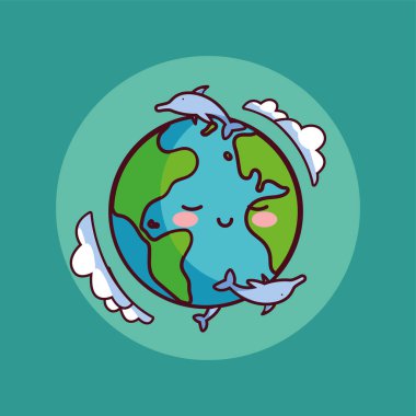 Etrafta yunuslar olan Dünya Gezegeni kartı