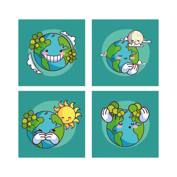 Serie di carte di pianeta terra kawaii sorridente — Vettoriale Stock