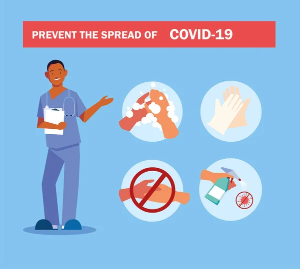 Doctor explain Infographics how prevent the spread of covid 19 — Stock Vector