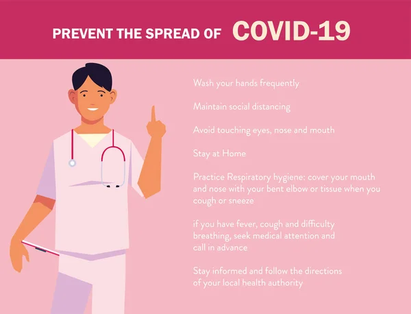 Doctor explain Infographics how prevent the spread of covid 19 — Stock Vector