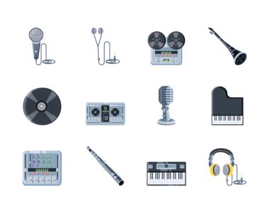 Beyaz arkaplanda simge müzik araçları seti