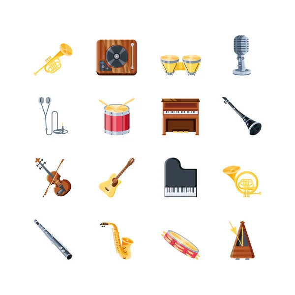 Ensemble d'icônes instruments de musique sur fond blanc — Image vectorielle