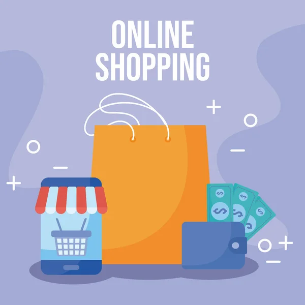 Saco de compras com ícones de compras on-line — Vetor de Stock