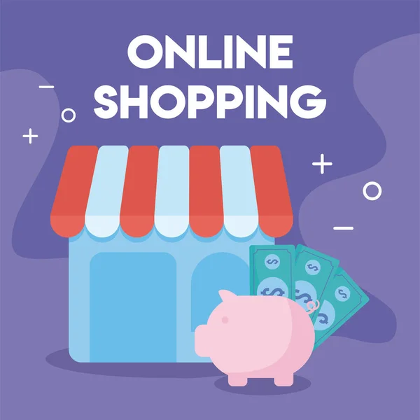 Geschäft mit Zelt und Ikonen des Online-Shoppings — Stockvektor