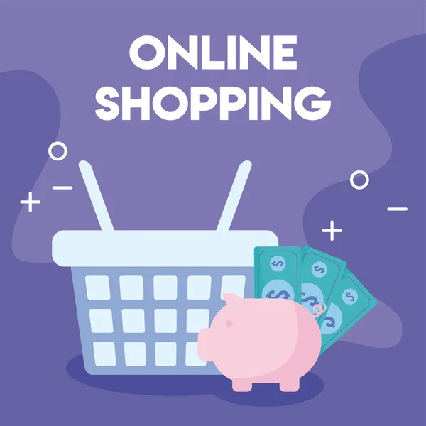 Warenkorb mit Etikett online einkaufen — Stockvektor