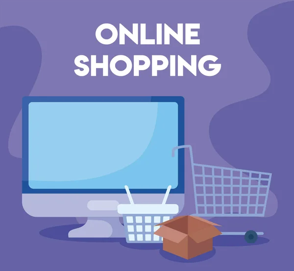 Obrazovka počítače s ikonami online nakupování — Stockový vektor