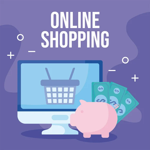 Computerbildschirm mit Symbolen des Online-Shoppings — Stockvektor