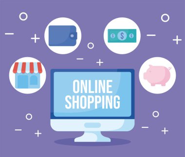 çevrimiçi alışveriş simgelerine sahip bilgisayar ekranı