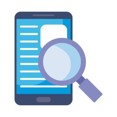 Beyaz arkaplanda büyüteç bulunan akıllı telefon