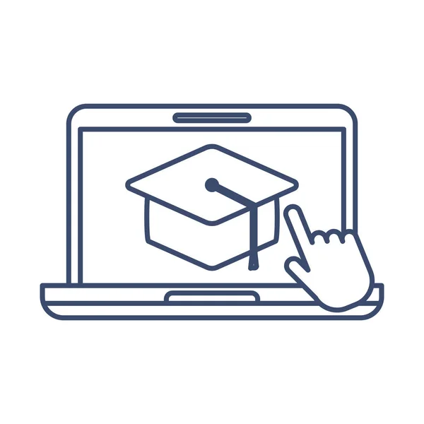 Computer portatile aperto con icone dell'educazione online, icona in stile linea — Vettoriale Stock