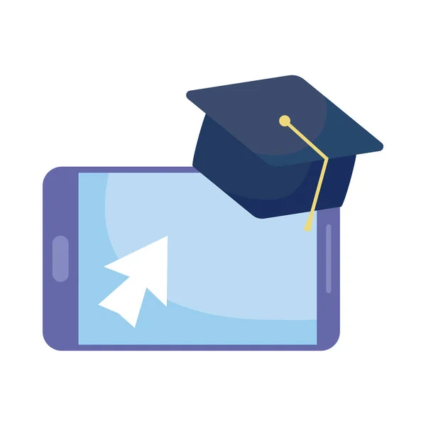 Smartphone with graduation cap on white background — Stock Vector