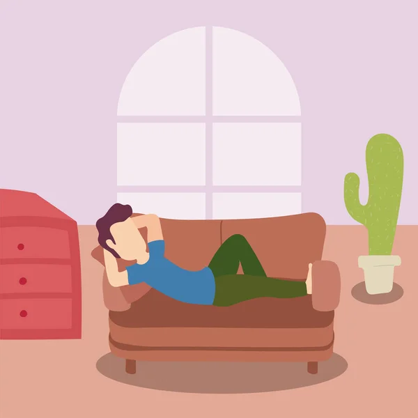 Stare a casa consapevolezza campagna social media e prevenzione coronavirus uomo sul divano — Vettoriale Stock