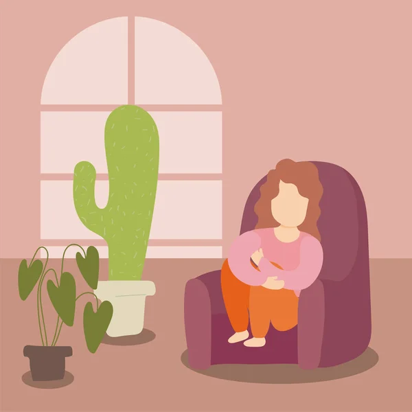 Pobyt doma povědomí sociální média kampaň a prevence koronaviru, žena v obývacím pokoji — Stockový vektor