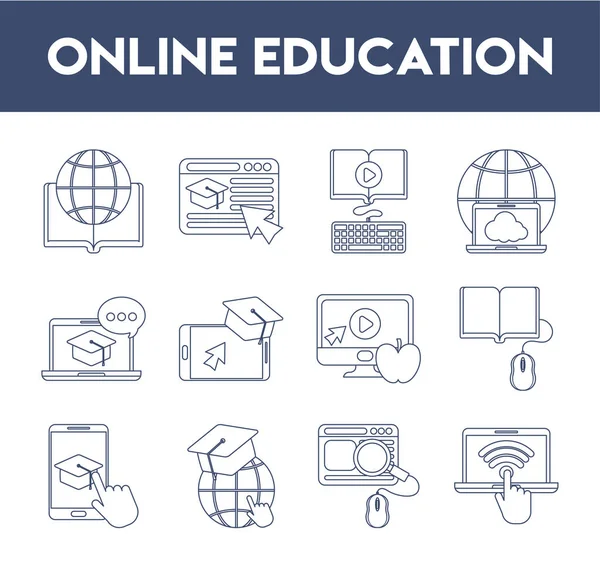 Set van pictogrammen online onderwijs, onderwijstechnologie, lijn stijl pictogram — Stockvector