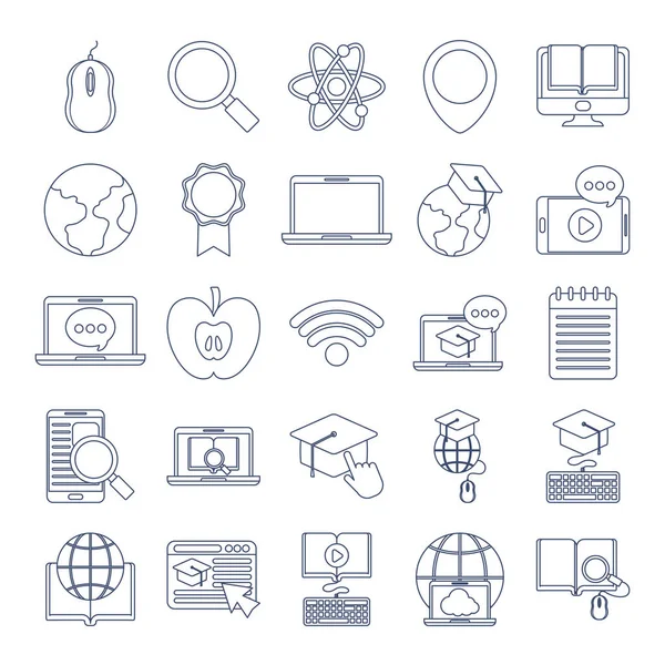 Conjunto de iconos de la educación en línea, tecnología de la educación, icono de estilo de línea — Vector de stock
