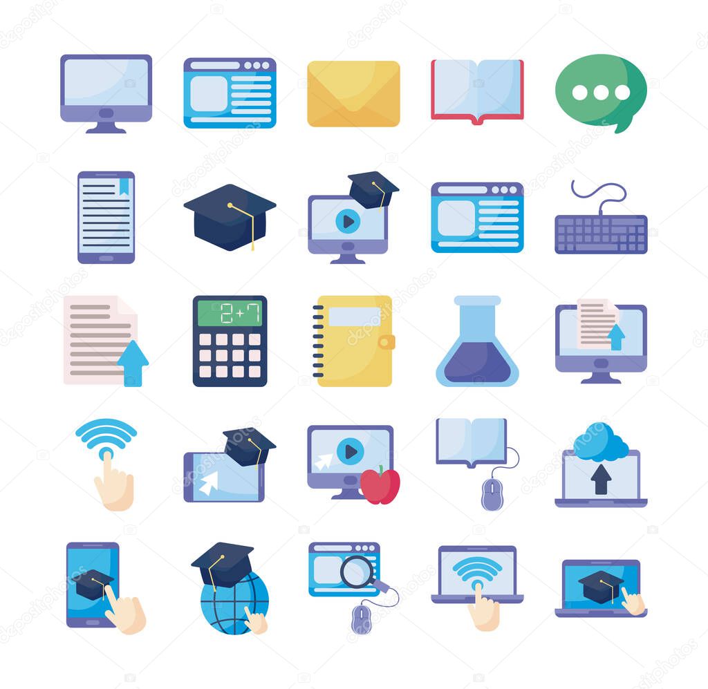 set of icons online education, education technology
