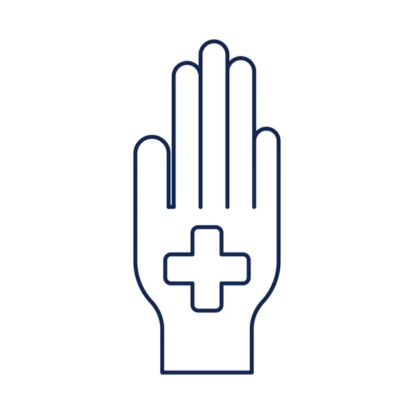 Croce medica in mano, icona in stile linea — Vettoriale Stock