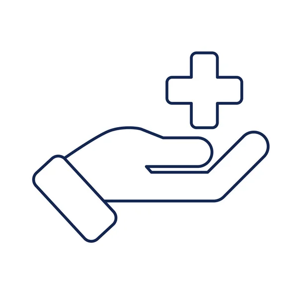 Medical cross in hand, line style icon — Stock Vector