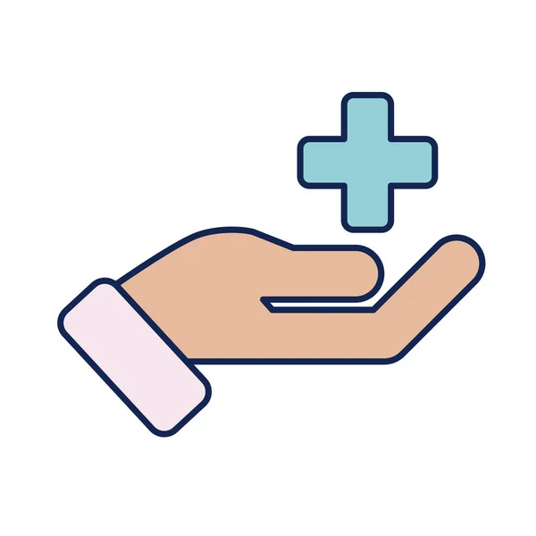 Medical cross in hand, line and fill style icon — Stock Vector