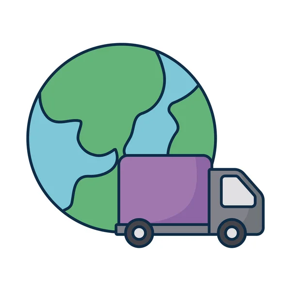 Vrachtauto met planeet aarde op witte achtergrond — Stockvector
