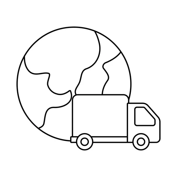 Vrachtvervoer vrachtwagen met planeet aarde, lijn stijl pictogram — Stockvector