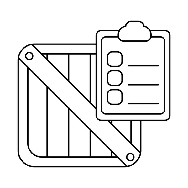 Houten doos met klembord met papieren vellen, lijnstijl icoon — Stockvector