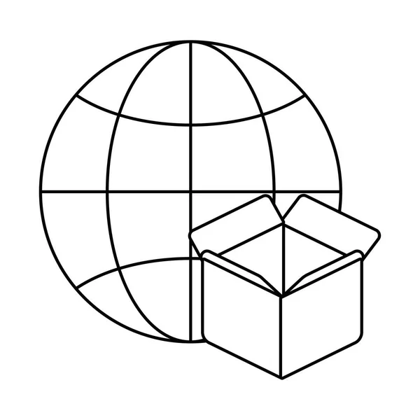 Mercato globale con scatola di cartone, icona in stile linea — Vettoriale Stock