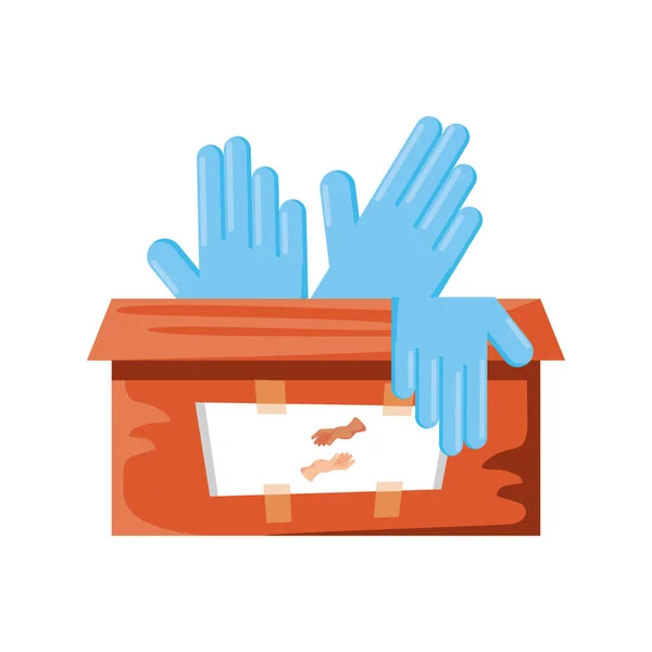 Caja de cartón con guantes de látex — Vector de stock