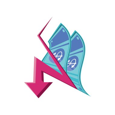 Beyaz arkaplanda aşağı ok olan dolar banknotu