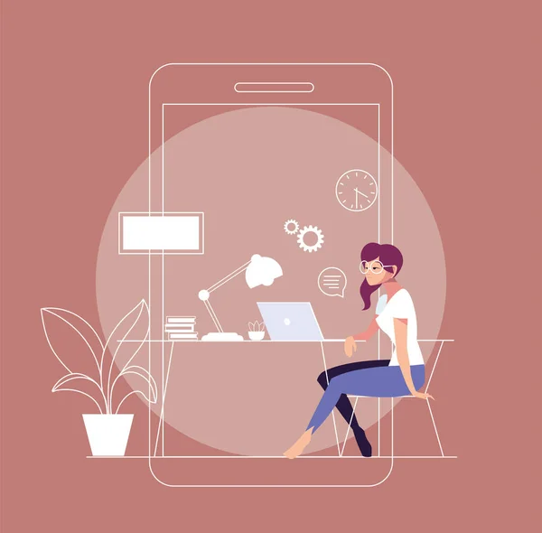 Mujer freelancer trabajando desde su casa — Vector de stock