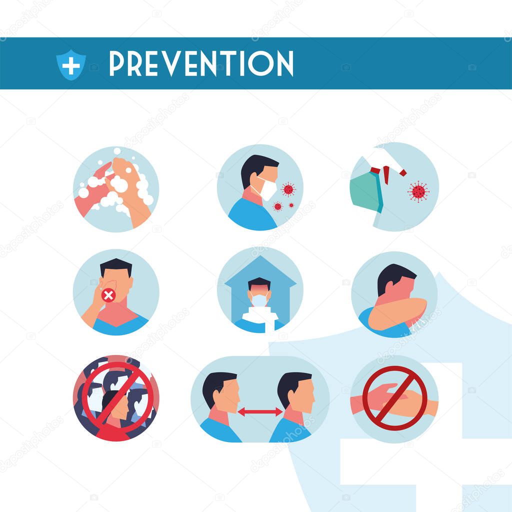 set of icons with coronavirus infections prevention methods