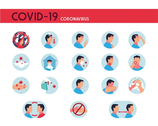 Набір іконок з симптомами, профілактикою та передачею коронавірусу — стоковий вектор
