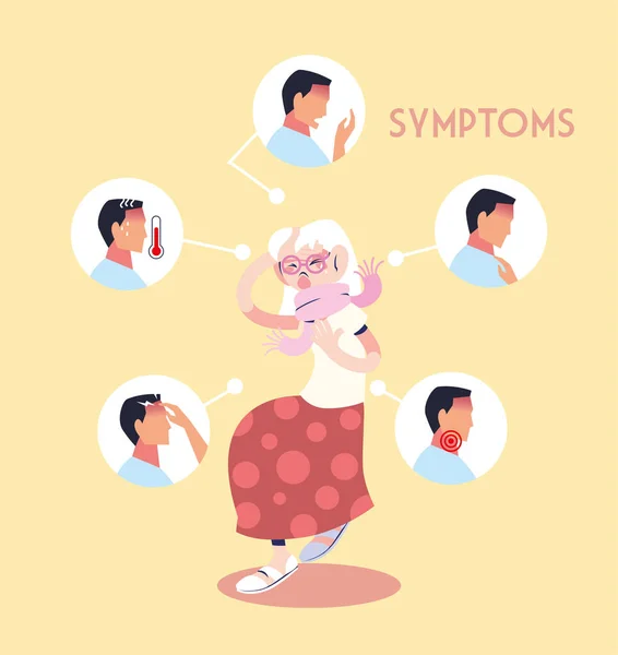 Infographic toont incubatie en symptomen met pictogrammen en geïnfecteerde persoon — Stockvector