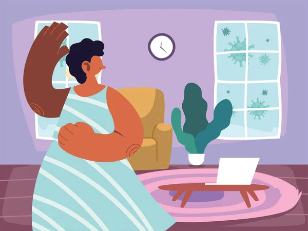 Wanita tinggal di rumah untuk menghentikan wabah dan penyebaran virus - Stok Vektor