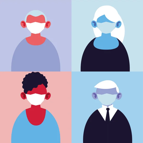Плакат людей в медицинских масках, защита от эпидемической инфекции коронавирусом — стоковый вектор