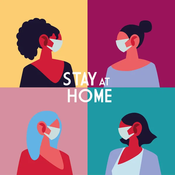Mujeres jóvenes que usan máscaras faciales en casa — Vector de stock