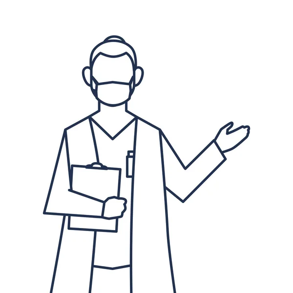 Médico hombre con mascarilla médica, personal médico, icono de estilo de línea — Vector de stock