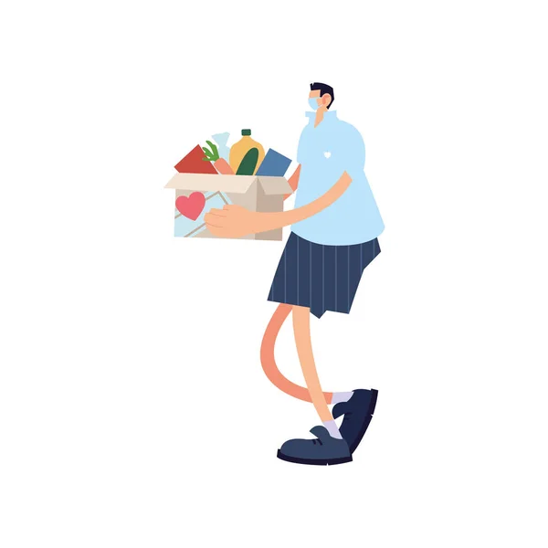 Uomo con scatola di cibo, donazione di beneficenza su sfondo bianco — Vettoriale Stock