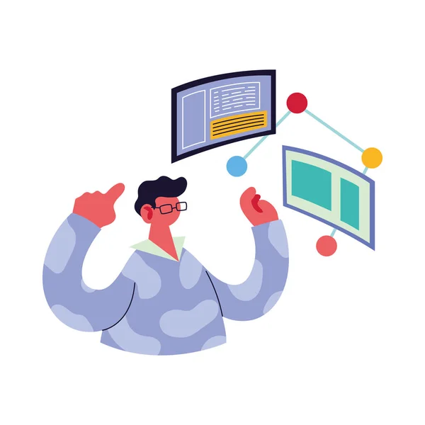 Hombre trabajando en los datos en el ordenador . — Vector de stock