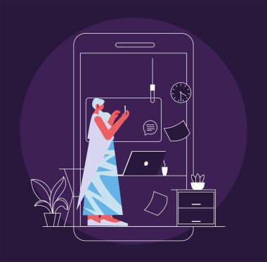 Evde cep telefonuyla bağlanan kadın