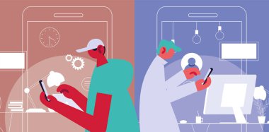 Erkekler evde online çalışıyor.