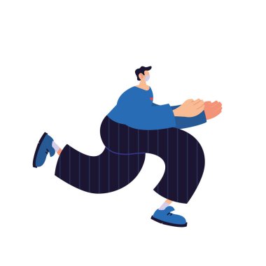 Beyaz arka planda tıbbi maskeli bir adam.