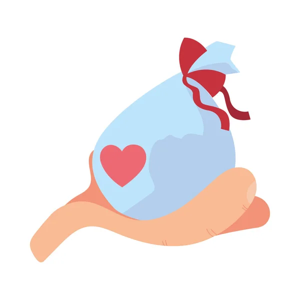Hand met zak symbool van liefdadigheid donatie — Stockvector