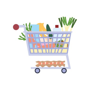 Beyaz arka planda yiyecek olan süpermarket arabası